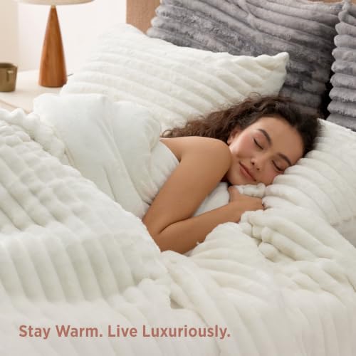 Bedsure Queen Fluffy Comforter Set - Cream White, 90x90 Inch Cozy Fleece Bedding