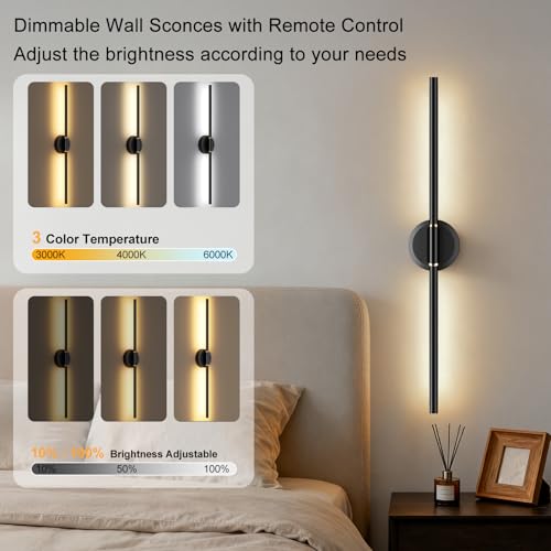 25 Inch Rechargeable LED Wall Sconces Set of 2 - Dimmable Modern Wall Lights with Remote Control