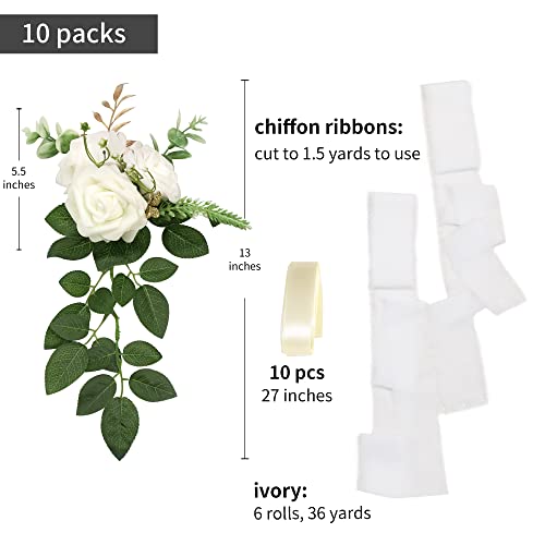 White Wedding Aisle Decorations Set of 10 - Artificial Chair Flowers & Ribbons