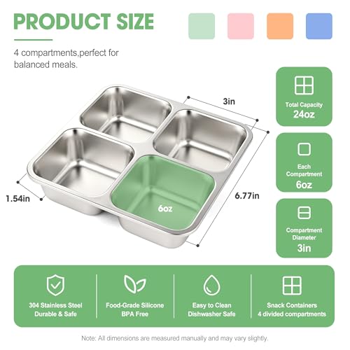4 Pack Stainless Steel Snack Containers with Silicone Lids - Leakproof Bento Lunch Boxes, Reusable 4-Compartment Food Storage