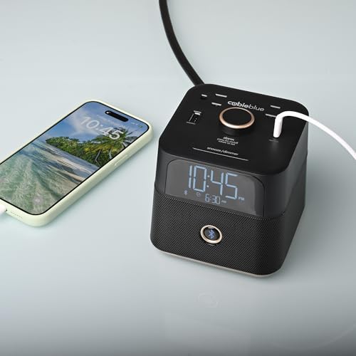 Black CubieBlue Alarm Clock Charger with Bluetooth Speaker, 2 USB & Tamper-Resistant Sockets