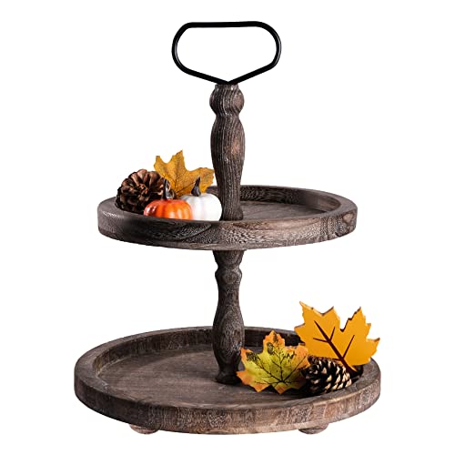 Rustic Wooden 2-Tier Tray Stand - Brown Coffee Farmhouse Kitchen & Home Decor