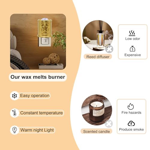 CVHOMEDECO. Wall Plug-in Electric Wax Melt Warmer Punched Stars Metal Tart Warmer Decorative Candle Warmer for Scented Candle, Wax Melts, Tarts and Fragrance Oils, Night Light Decor., Gold