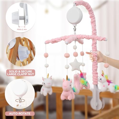 Unicorn Baby Crib Mobile for Girls with 28-Inch Arm & 35 Lullabies, Pink & White