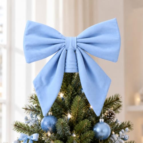 Soulchen 12 Inch Blue Velvet Bow Christmas Tree Topper - Blue Simple Design