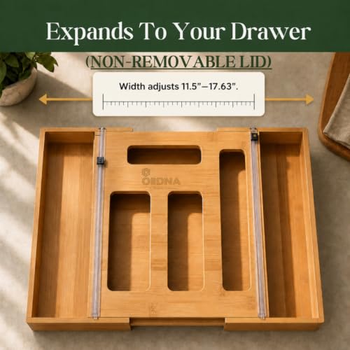 Expandable Bamboo 6-in-1 Kitchen Drawer Organizer for Bags & Wraps