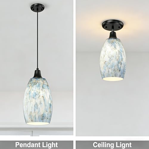 Glass Pendant Light Shade 7.64"H Blue Oval Replacement with Crackle Pattern - 3 Pack