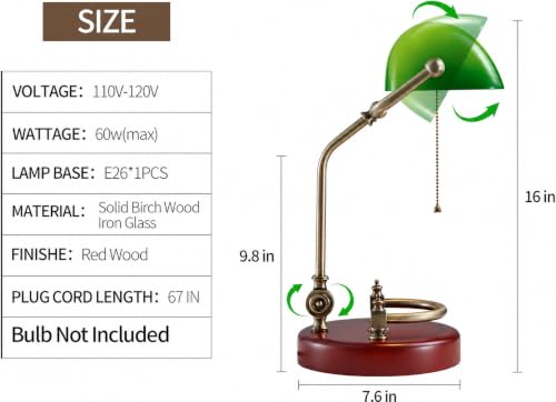 NUSRAN Green Glass Bankers Desk Lamp with Solid Birch Wood Base and Pull Chain Switch