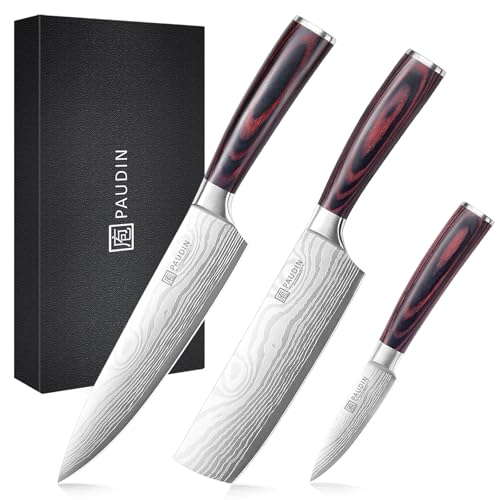 3-Piece Kitchen Knife Set - High Carbon Stainless Steel Chef, Nakiri & Paring Knives with Wooden Handles