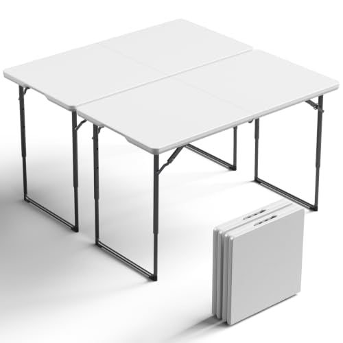 White 4FT Folding Tables 2 Pack with Adjustable Height & Carry Handles