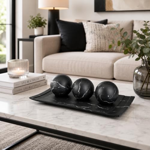 Black Marble Look Home Decor Bowl and Orb Set - Coffee Table Centerpiece, Living Room Accent - Matte Finish