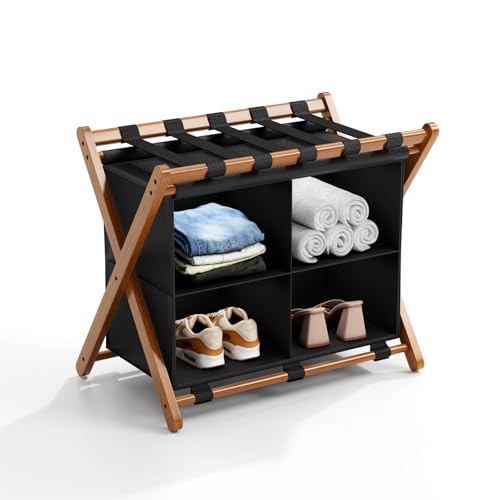 MHACVVO Walnut Bamboo Luggage Rack with 4 Storage Compartments, Foldable Suitcase Stand
