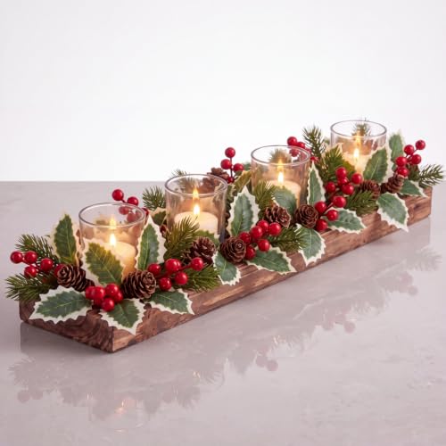 Qunclay Holly Christmas Candle Holder Set - 4 Wreaths & Glass Tea Light Holders