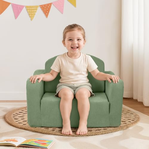 Airpanda Kids Sofa Chair 2-in-1 Fold-Out Foam Couch, Green Corduroy – Toddler Kids' Play & Reading Seat
