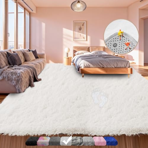 White 9x12 Shag Area Rug for Living Room & Bedroom - Ultra Soft Fluffy Furry Carpet