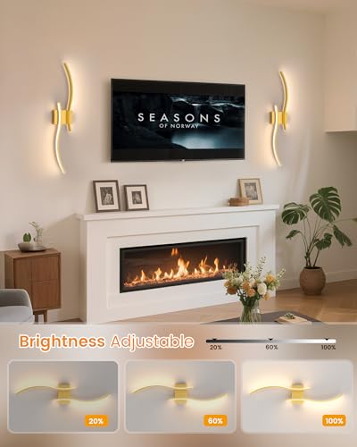 Gold 27.6 Inch Battery Operated Wall Sconces Set of 2 - Dimmable Wireless Wall Lights with Remote, Rechargeable for Living Room, Hallway, Bedroom