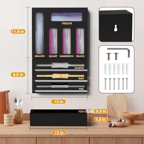 Black 9 Slots Bamboo Drawer Organizer with Wrap Dispenser & Bag Storage