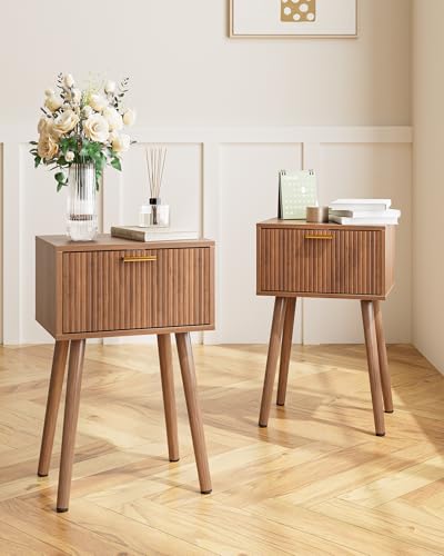 ASACESCU Walnut Night Stand Set of 2 with Fluted Doors - Modern Bedroom Furniture