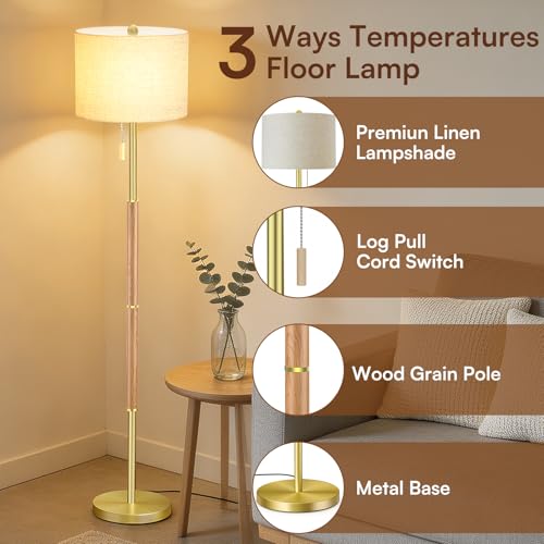 Wood Color Floor Lamp with Linen Shade - Natural Wood, 13.2 Inch for Bedroom