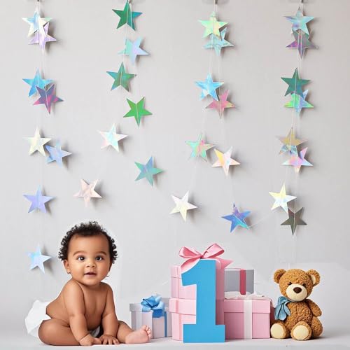 Iridescent Shining Star Hanging Garland Iridescent Hanging Sparkling Star Streamer Glitter Bunting Banner Twinkle Backdrop for Wedding Baby Shower Birthday Christmas Decorations 40 Feet