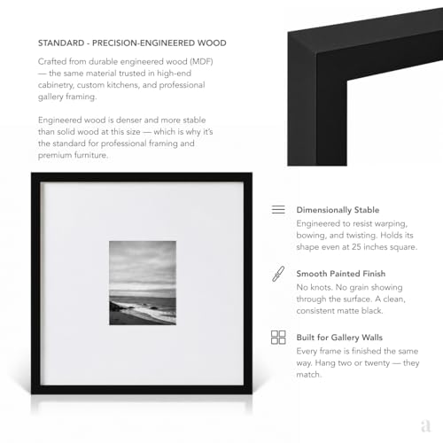 Artisane Home Goods 25x25 Black Picture Frame with Mat & Glass - Ready to Hang, MDF