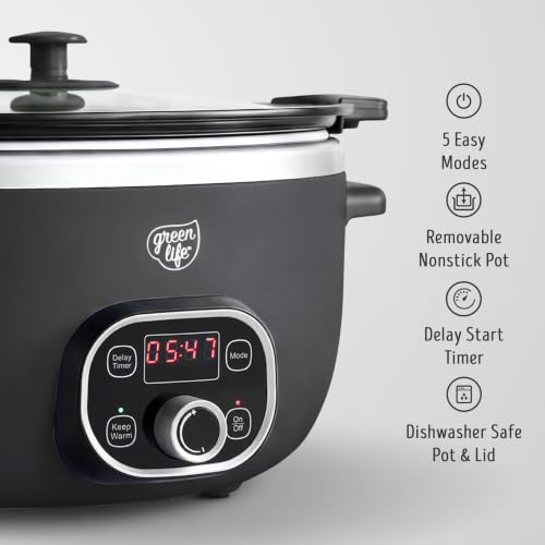 GreenLife 6QT Black Ceramic Nonstick Slow Cooker, Oven Safe & Easy Clean