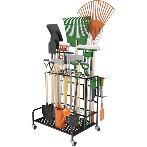 Heavy-Duty Garden Tool Organizer Rack with Wheels & Accessories – Holds Up to 39 Tools