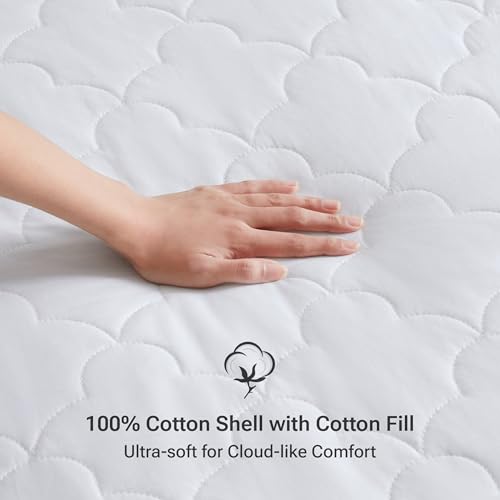 White Queen Size Cotton Mattress Pad with Cloud Quilting & Non-Slip Skirt