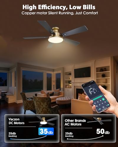 Golden 52 Inch Low Profile Ceiling Fan with Lights & Remote - Modern Gold & Wood Design