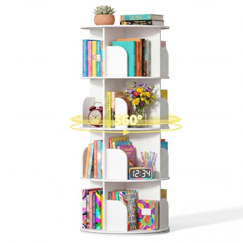 White 4-Tier Rotating Bookshelf Tower - Space-Saving Spinning Bookcase