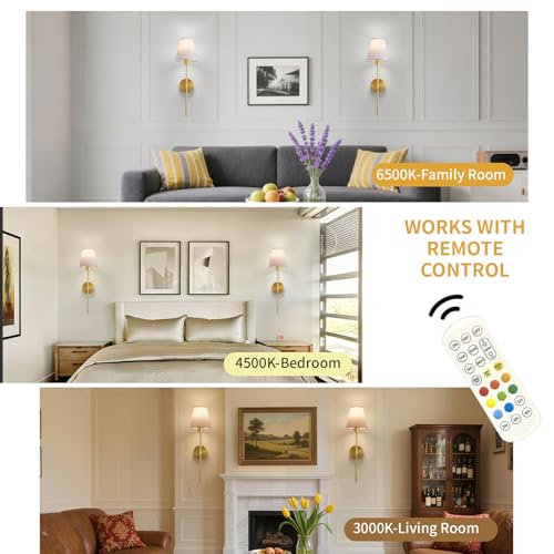Wireless Battery Operated Wall Sconces Set of 2 - Gold, Dimmable RGB, Remote Control