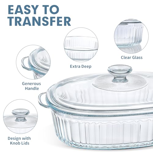 Glass Casserole Baking Dish Set - 1.9 Qt and 3 Qt with Lids, Oval, Borosilicate