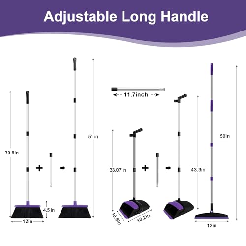 Purple 51-Inch Long Handle Broom & Dustpan Set with Squeegee - Eco-Friendly Cleaning Tool