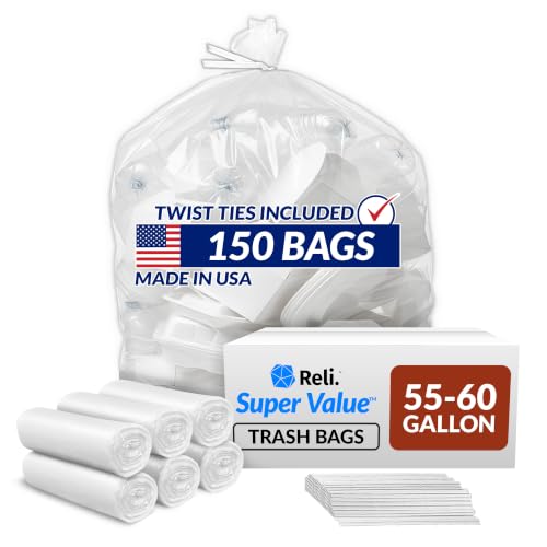 Heavy Duty 55-60 Gallon Trash Bags with Ties - 150 Clear Leak-Proof Garbage Bags