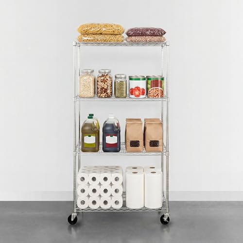 Heavy Duty Wire Shelving Unit - 36x24x72 Inches with Wheels - Silver, 4 Tiers