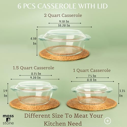 Glass Casserole Dish Set with Lids - Borosilicate Bakeware, 3 Sizes, Clear
