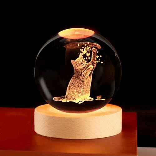 Ideal Cat Gifts, 2.4In Cute Crystal Cat Ball Lamp with Wooden Base, Gifts Ideas for Cats Lover, Girlfriend Mom Girl-Christmas, Birthday, Mothers Day, Cute Cats Decor for Home Office Bedroom