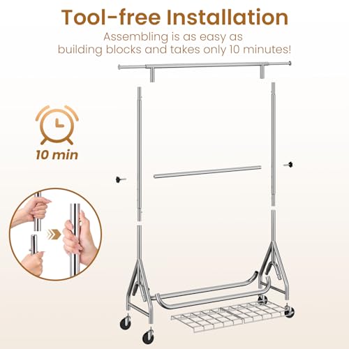 Heavy Duty Clothes Rack with Double Rods, Lockable Wheels, Shelving - Silver, 78 Inch