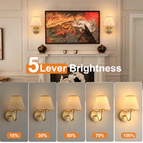 ADISUN 10-Inch Gold Wall Sconce Set of 2 with Rattan Shades - Battery Operated, Rechargeable Wall Lamps for Living Room & Bedroom