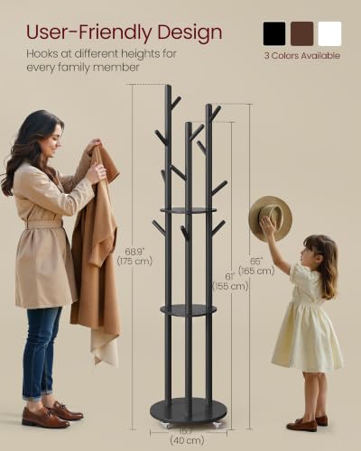 VASAGLE Freestanding Coat Rack Stand with Wheels, 11 Hooks, 3 Shelves - Ink Black