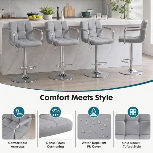 OLIXIS Grey Set of 2 Swivel Bar Stools with Armrest & PU Leather, Adjustable Height