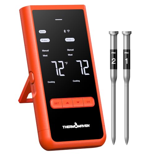 Wireless Meat Thermometer with 2 Probes - WiFi & Bluetooth for Grilling, Smoking & Cooking - Red