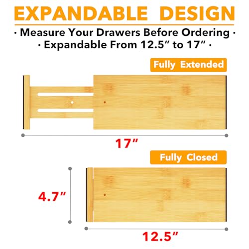 SpaceAid Bamboo Drawer Dividers 4.65''High Expandable 12.5-17'' Organizer for Clothes and Dresser, Natural, 6 Pack