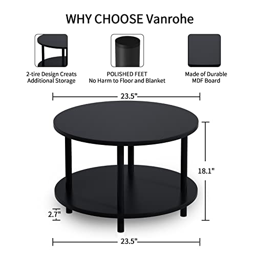 23.5-Inch Black Round Coffee Table with Open Storage - Small Space 2-Tier Wooden Center Table - Vanrohe Variation