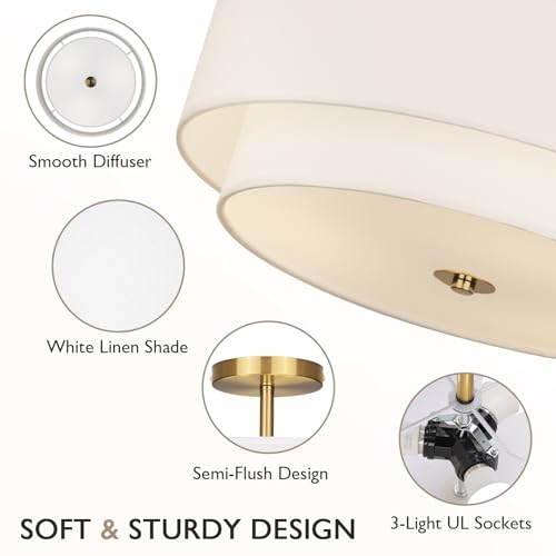 CALOKES 16" Gold Dual Drum Semi-Flush Ceiling Light with White Fabric Shade