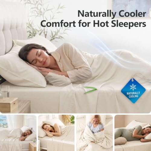 QUTOOL Bamboo Viscose King Bed Sheets Set Ivory 4PC Cooling Luxury Bedding