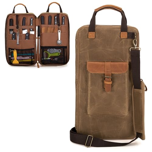 Chef Knife Bag Waxed Canvas Storage Case with 11 Slots & Pockets