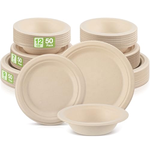 Disposable Compostable Paper Plates and Bowls Set - 7 in, 9 in, 12 oz - 150 Pack