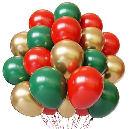 Christmas Balloons, 50pcs 12 inch Red Green Gold Latex Balloons for Christmas Party Decorations