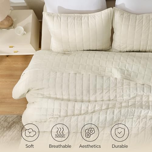 Velvet Quilt Set King Size - Cream White Luxury Bedding with Channel Stitching